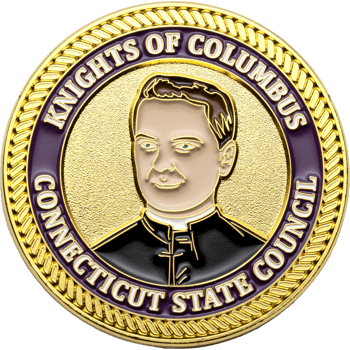 Gold challenge coin featuring the Knights of Columbus Connecticut State Council with a portrait of Father Michael J. McGivney on a purple background.