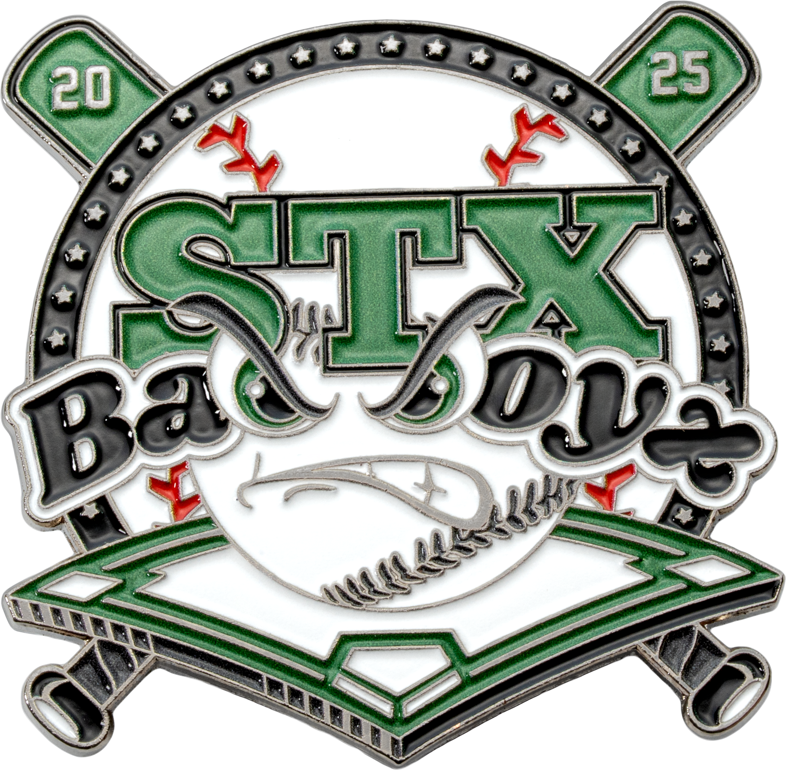 Custom baseball lapel pin featuring crossed bats, a green 'STX' logo, and an angry baseball character with 'Bad Boyz' text.