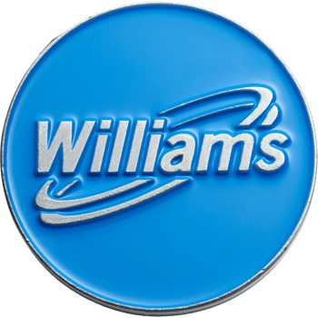 Circular challenge coin with blue enamel background and the name William's in raised silver metal with a swoosh design.