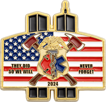 9/11 memorial challenge coin featuring the Twin Towers, American flag, crossed firefighter axes, and EMS emblem with 'Never Forget 2024'.