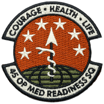 Embroidered patch for 45 OP MED Readiness SQ featuring a caduceus, stars, and globe on an orange background.