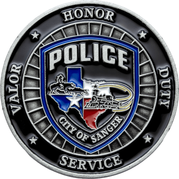 Sanger Police challenge coin featuring a Texas state map, train, and cowboys on a black enamel background with silver lettering.