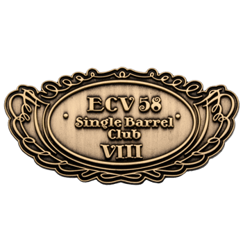 Antique bronze lapel pin featuring an ornate filigree border and the text ECV 58 Single Barrel Club VIII.