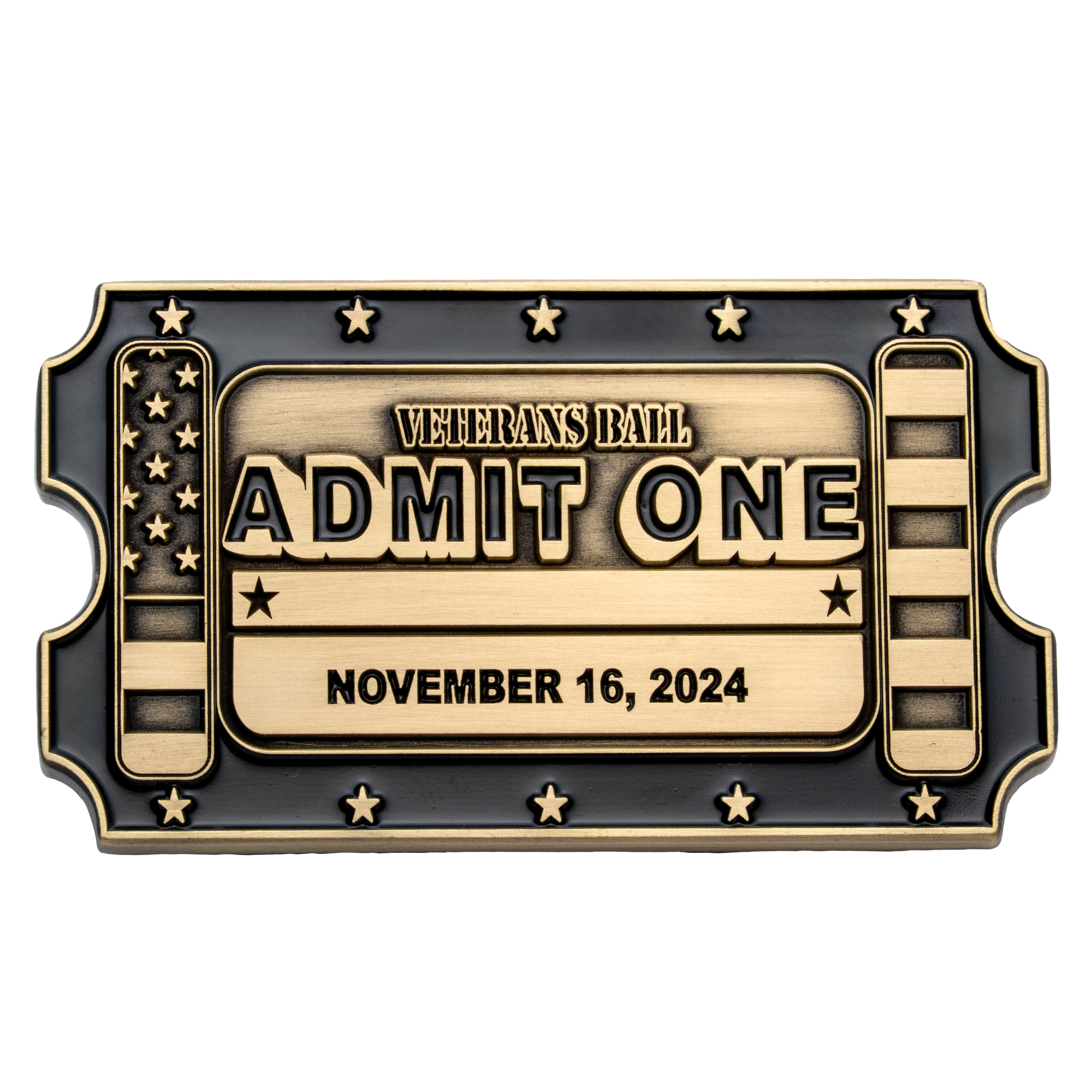 Ticket-shaped challenge coin in antiqued gold and black with Veterans Ball Admit One text, stars, and stripes.