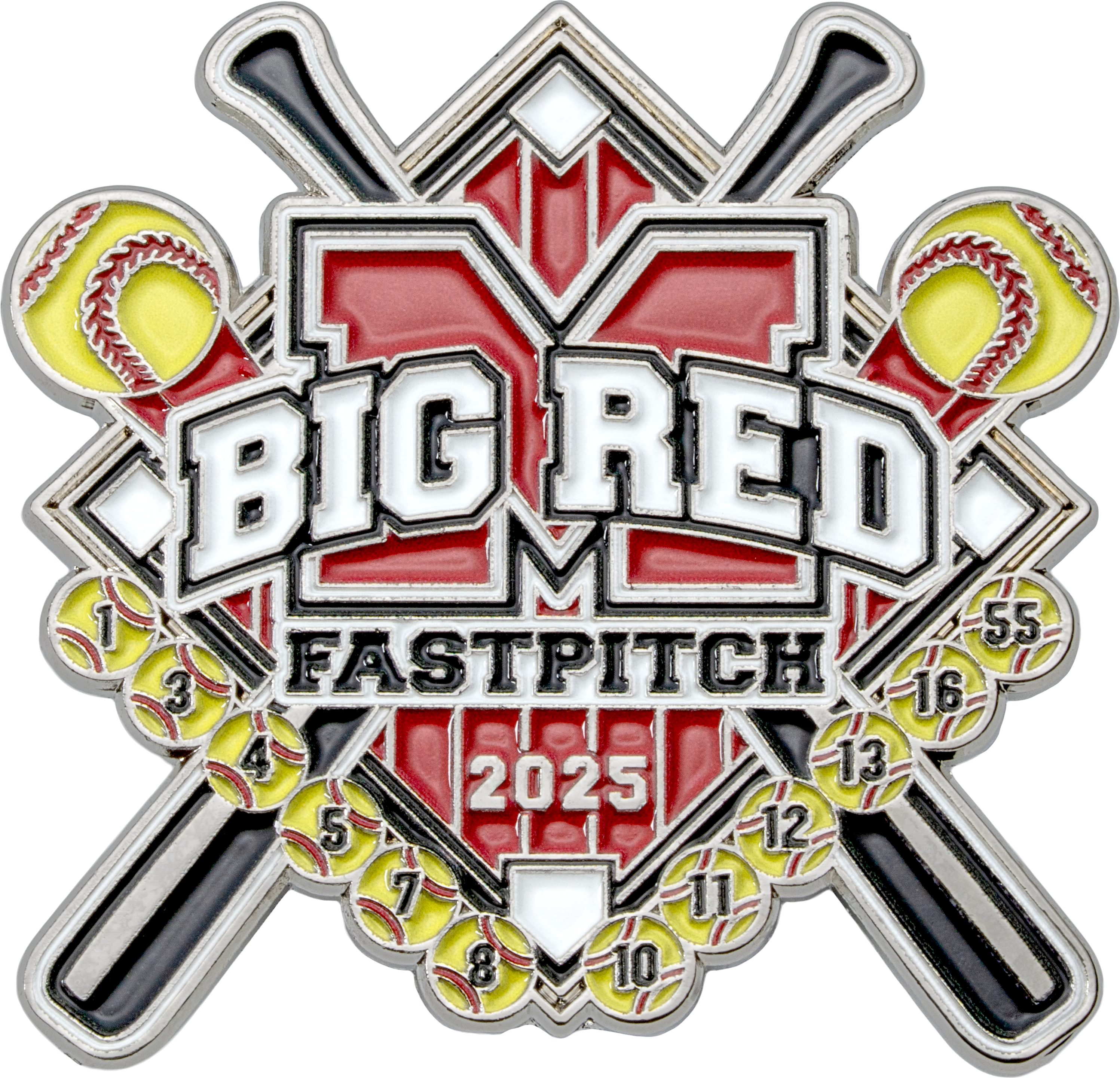 Big Red Fastpitch 2025 softball lapel pin featuring crossed bats, a large letter M, and yellow softballs with player numbers.