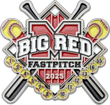 Big Red Fastpitch 2025 softball lapel pin featuring crossed bats, a large letter M, and yellow softballs with player numbers.