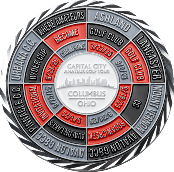 Capital City Amateur Golf Tour challenge coin featuring golf clubs, tour dates, and Columbus Ohio skyline