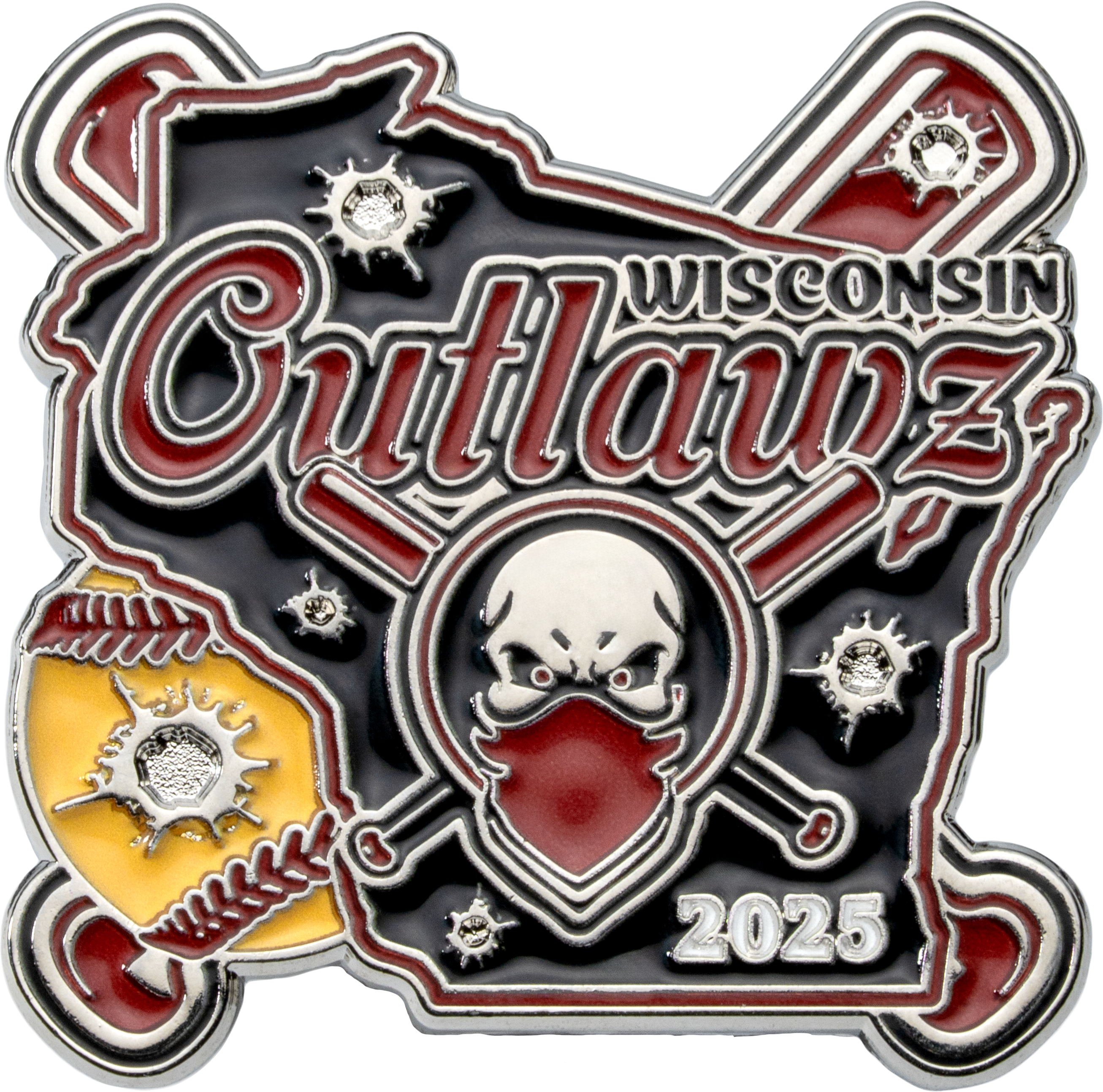 Custom lapel pin for Wisconsin Outlawz 2025 featuring a masked skull, crossed bats, and bullet holes over a state outline.