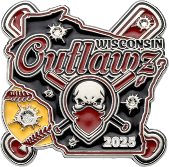 Custom lapel pin for Wisconsin Outlawz 2025 featuring a masked skull, crossed bats, and bullet holes over a state outline.