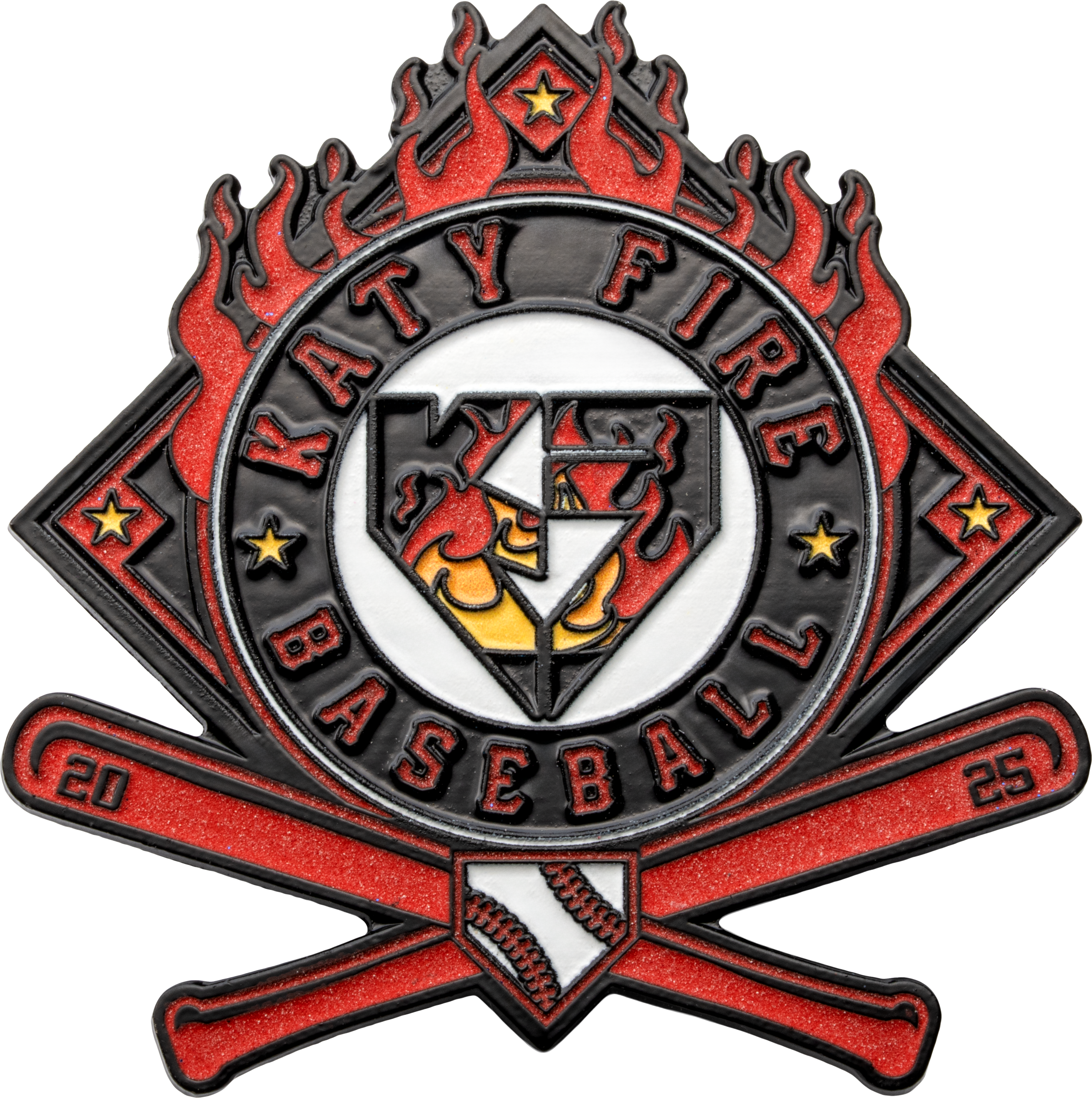 Shield-shaped lapel pin for Katy Fire Baseball featuring crossed bats, red glitter flames, and the year 2025.