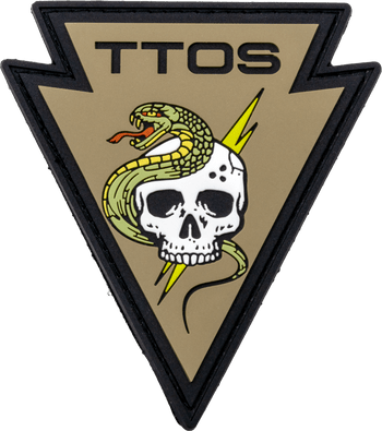 Arrowhead-shaped PVC morale patch featuring a skull, coiled snake, lightning bolt, and TTOS text on a tan background.