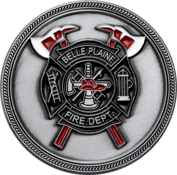 Antique silver challenge coin featuring the Belle Plaine Fire Dept Maltese cross emblem with crossed axes and red enamel accents.