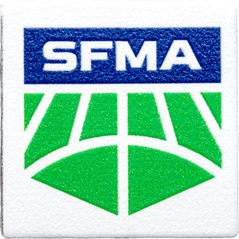 Square SFMA lapel pin with a blue top header and green athletic field design on a white background.