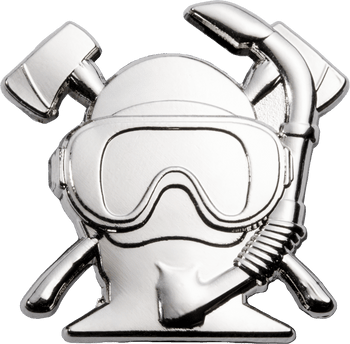 Polished silver lapel pin featuring a diver mask and snorkel crossed with firefighter axes.