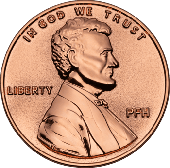 Copper challenge coin with an embossed profile of Abraham Lincoln, featuring the words Liberty and In God We Trust.