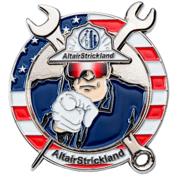 Circular enamel coin for AltairStrickland featuring a character in a hard hat and goggles over a US flag background with crossed wrenches.