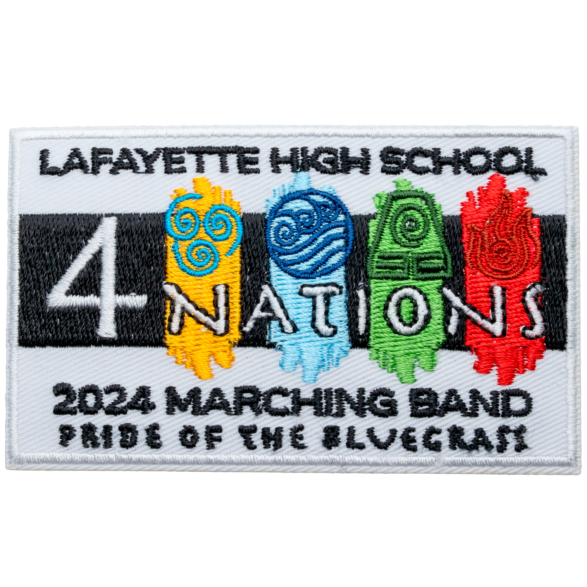 Rectangular embroidered patch for Lafayette High School 2024 Marching Band featuring 4 Nations elemental symbols in yellow, blue, green, and red.
