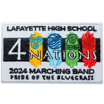 Rectangular embroidered patch for Lafayette High School 2024 Marching Band featuring 4 Nations elemental symbols in yellow, blue, green, and red.