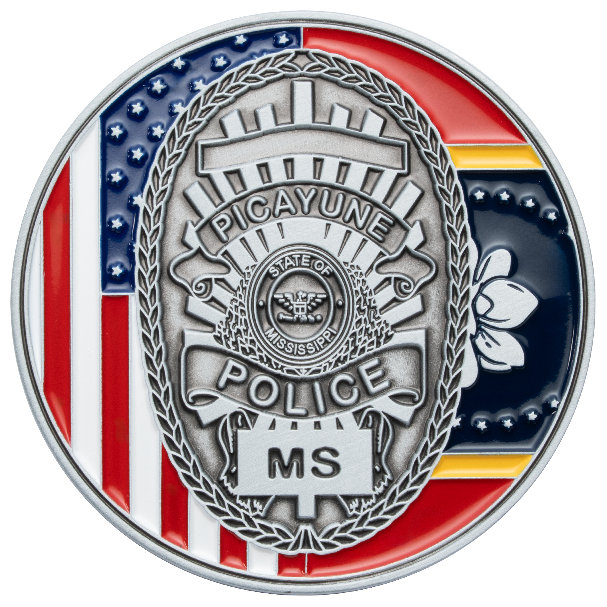 Silver-finished Picayune Police challenge coin featuring a police badge emblem over a background of the American and Mississippi state flags.