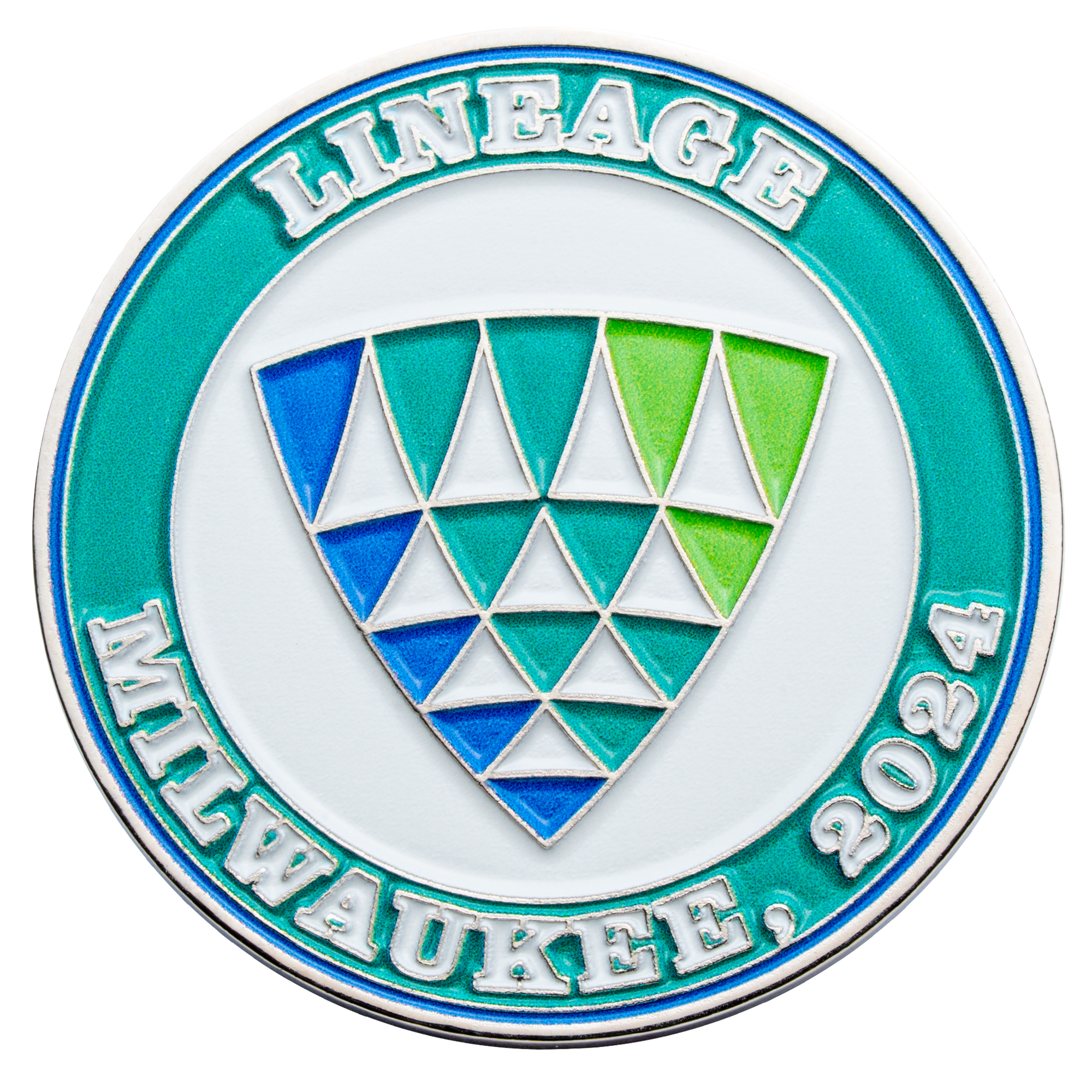 A circular challenge coin for Lineage Milwaukee 2024 featuring a triangular geometric logo in blue and green with a teal outer ring.