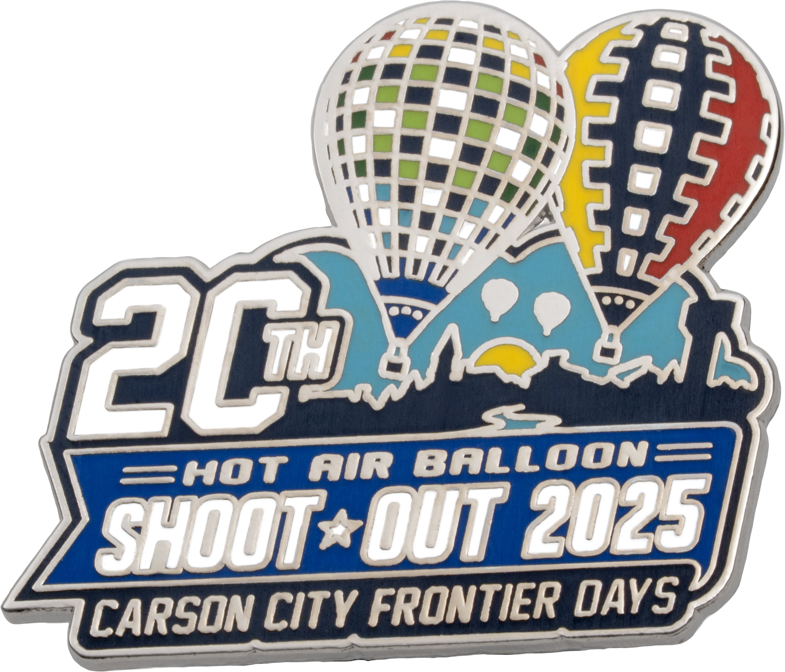 Enamel lapel pin for the 20th Hot Air Balloon Shoot-Out 2025 at Carson City Frontier Days, featuring two colorful hot air balloons and a mountain landscape.