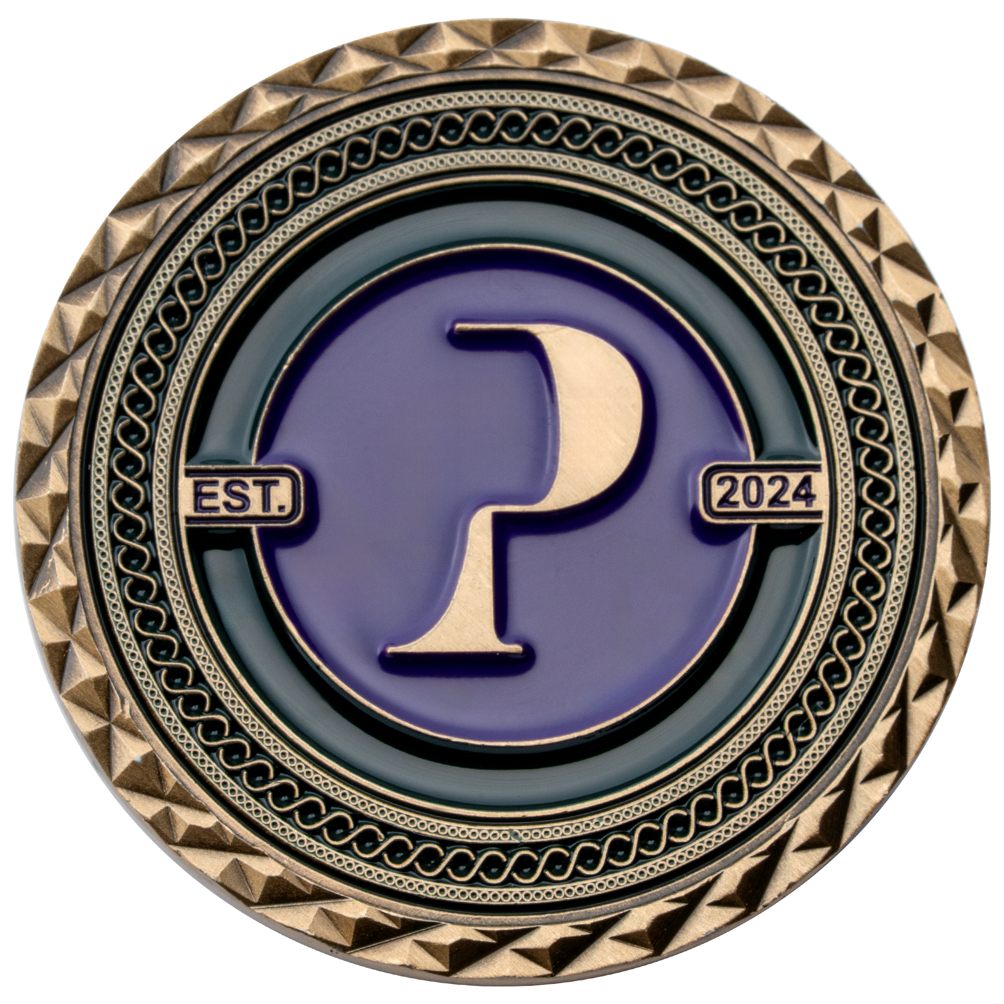 Antique bronze challenge coin with a raised gold letter P on a purple enamel background, featuring a diamond-cut edge and 2024 date.