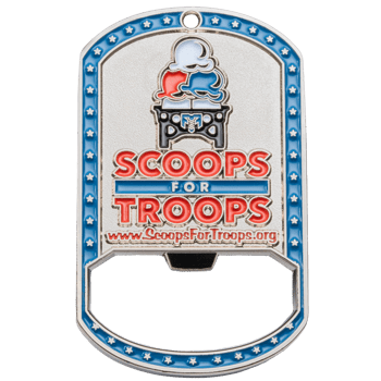 A custom silver bottle opener with blue star border, featuring a logo with ice cream scoops and the text Scoops For Troops.