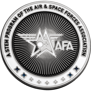 Silver and black challenge coin featuring the Air & Space Forces Association AFA logo with a sunburst pattern and stars.