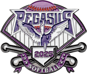 Softball lapel pin featuring a purple Pegasus mascot, 2025 home plate logo, and crossed bats on a baseball diamond background.