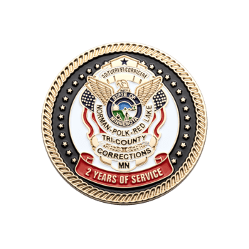 Tri-County Corrections 2 Years of Service challenge coin featuring an eagle emblem, Minnesota state seal, and a rope border design.