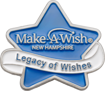 Star-shaped Make-A-Wish New Hampshire lapel pin featuring a white banner with the text Legacy of Wishes.