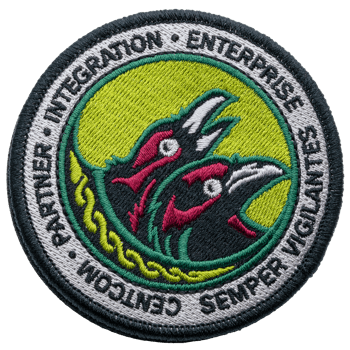 Circular embroidered patch featuring two raven heads on a lime green background with CENTCOM Partner Integration Enterprise text.