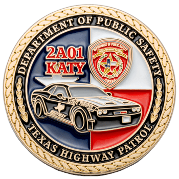 Challenge coin featuring a Texas State Trooper muscle car, the Texas Department of Public Safety emblem, and '2A01 KATY' text on a blue, white, and red backgrou