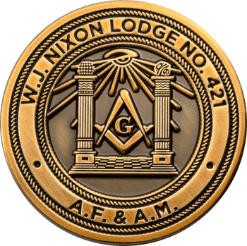 Antique bronze Masonic challenge coin for W.J. Nixon Lodge No. 421 featuring the Square and Compasses and the All-Seeing Eye.