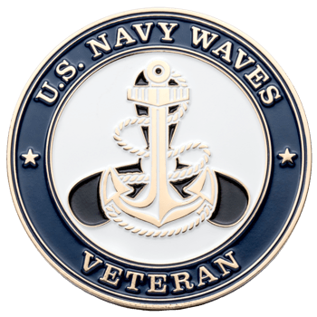 A circular enamel coin with a gold anchor and rope on a white background, surrounded by a navy blue border with the text U.S. Navy WAVES Veteran.