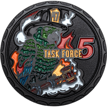 Task Force 5 challenge coin featuring a green parrot in a firefighter helmet holding a gavel against a black textured background.