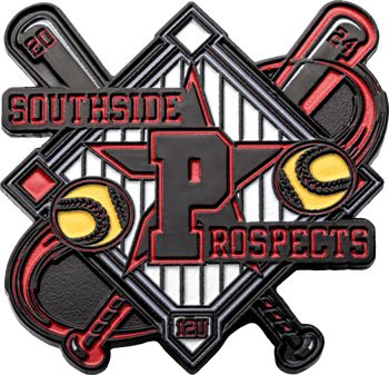 Southside Prospects custom lapel pin featuring crossed baseball bats, 2024, 12U, and yellow softballs over a baseball diamond design.