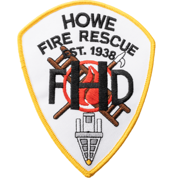 Shield shaped embroidered patch for Howe Fire Rescue featuring a ladder, pike pole, and fire hydrant logo with a yellow border.