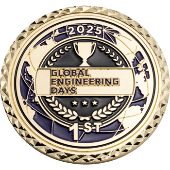 Gold challenge coin for Global Engineering Days 2025 featuring a trophy, laurel wreath, and 1st place designation on a blue and gold world map background.