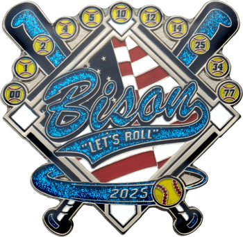 Softball lapel pin featuring the word Bison over an American flag diamond with crossed bats and yellow softballs.