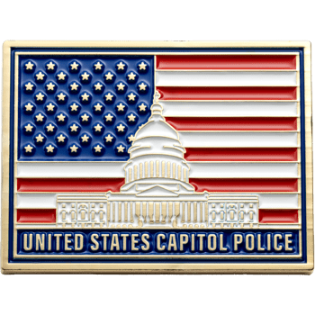 Rectangular lapel pin featuring the U.S. Capitol building over an American flag background with United States Capitol Police text.