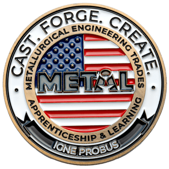 Circular challenge coin featuring an American flag background with METAL text and Metallurgical Engineering Trades border.