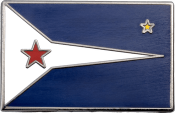 Rectangular nautical flag lapel pin featuring a blue field, white pennant with a red star, and a small yellow star in the upper corner.