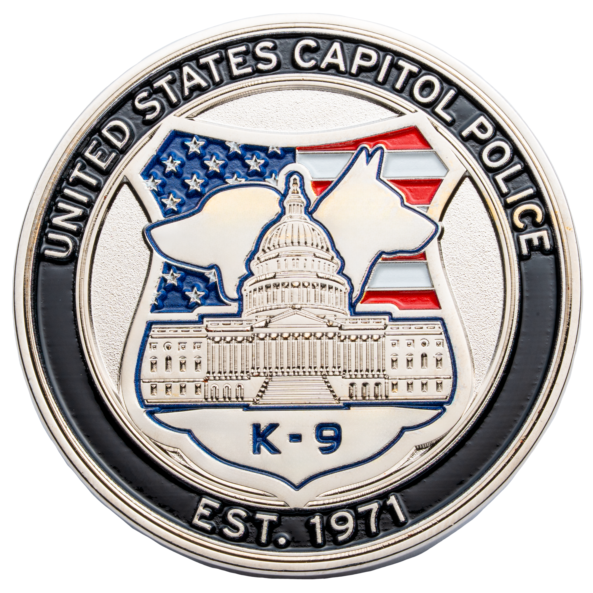 United States Capitol Police K-9 challenge coin featuring the US Capitol building and two K-9 dog silhouettes against an American flag background.