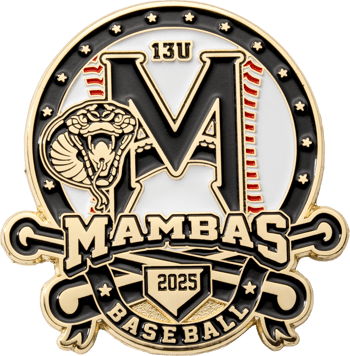 Custom 13U Mambas Baseball 2025 lapel pin featuring a black and gold cobra logo, baseball stitching, and crossed bats.