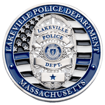 Round challenge coin for Lakeville Police Department Massachusetts featuring a badge emblem over a blue line American flag design.