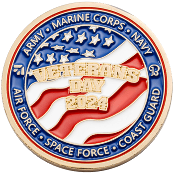 Veterans Day 2024 challenge coin featuring a red, white, and blue American flag design with the six military branch names around the border.