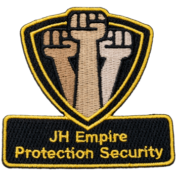 Shield-shaped embroidered patch featuring three raised fists in different skin tones above the text JH Empire Protection Security.