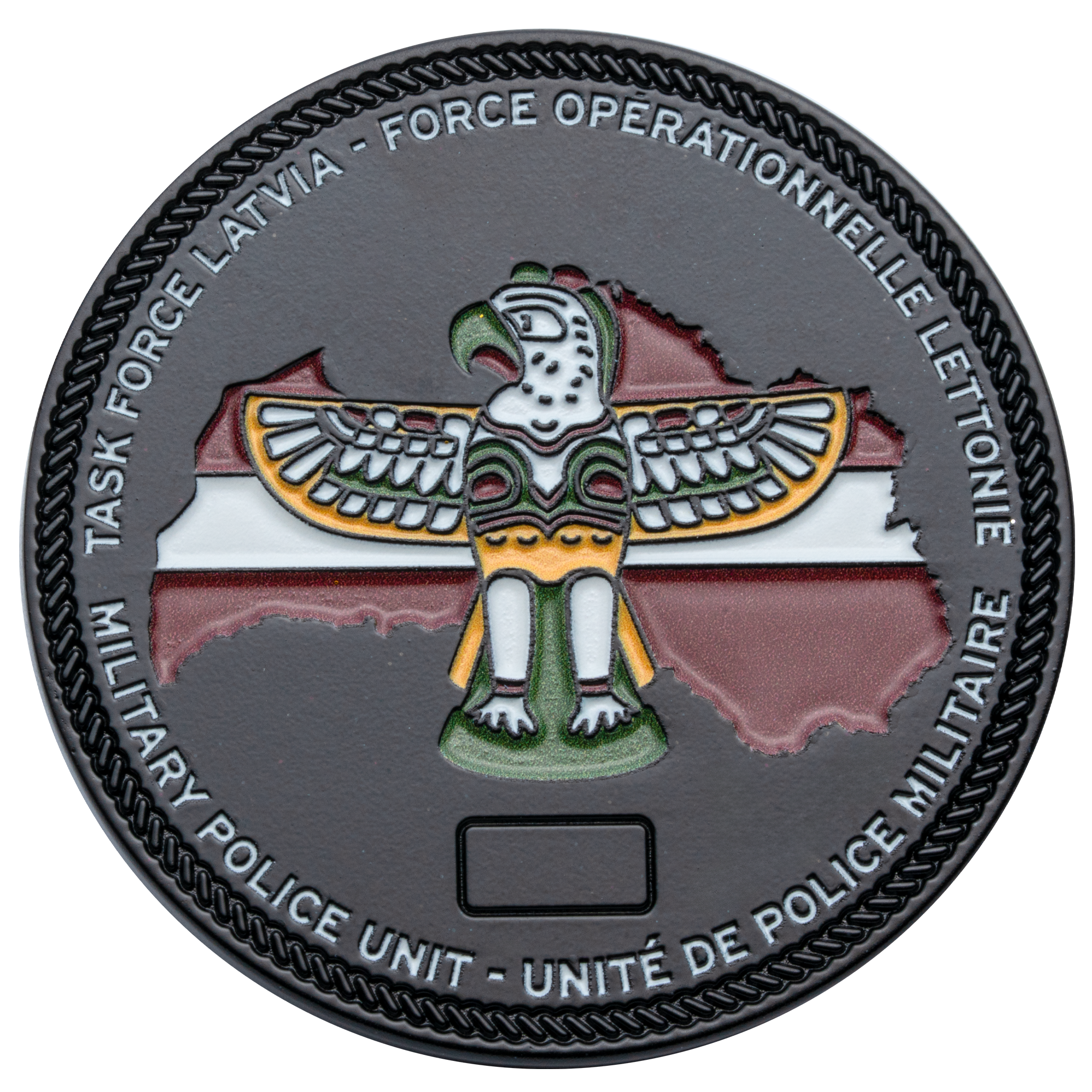Task Force Latvia Military Police Unit challenge coin featuring a Thunderbird emblem over a map of Latvia with a rope border.