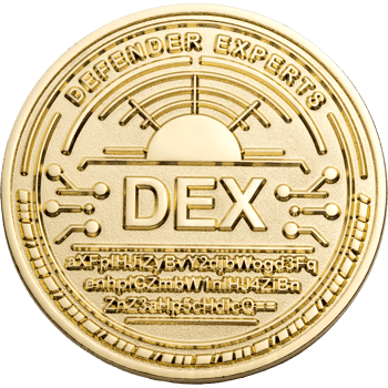 Gold challenge coin featuring Defender Experts and DEX text with integrated circuit board patterns and a rising sun design.